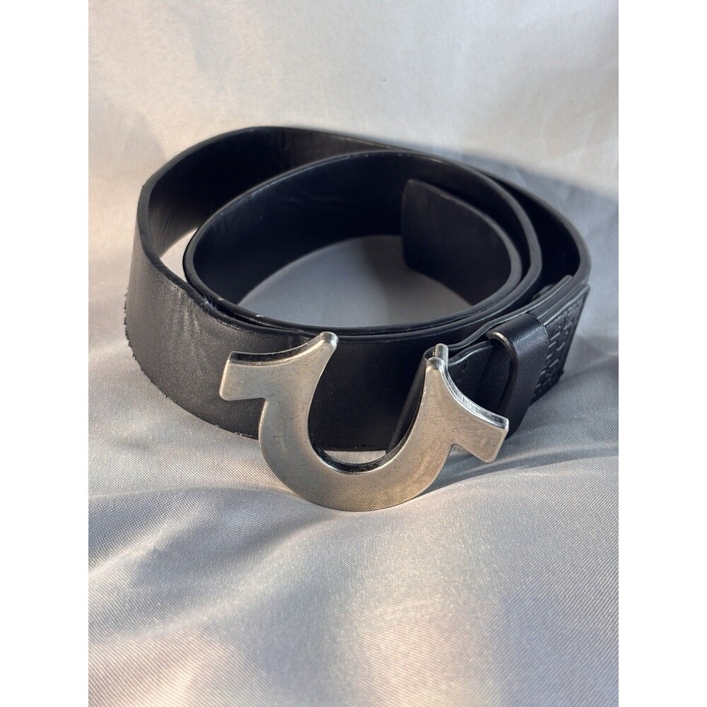 True Religion Authentic Men’s Black Leather Belt Horse Shoe Buckle 36